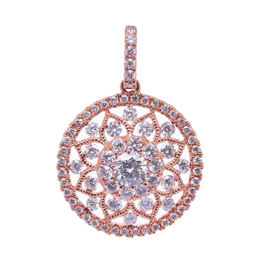 This 14k rose gold pendant has .66 carats of prong set round diamonds. This beautifully designed pendant is the perfect addition to any chain or necklace. Its timeless charm is sure to last throughout the years. 14k Rose Gold Prong Set Round Diamond Pendant