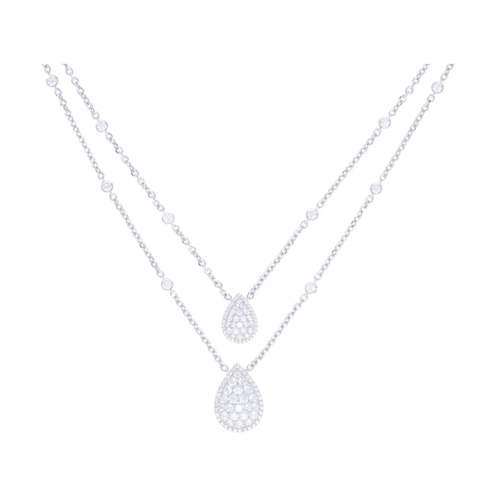 This 14k white gold diamond split necklace has 2.56 carats of round diamonds and is truly a show stopper. This necklace exudes elegance and makes for the perfect layered look without having to wear multiple necklaces. 14k White Gold Split Round Diamond Chain Necklace