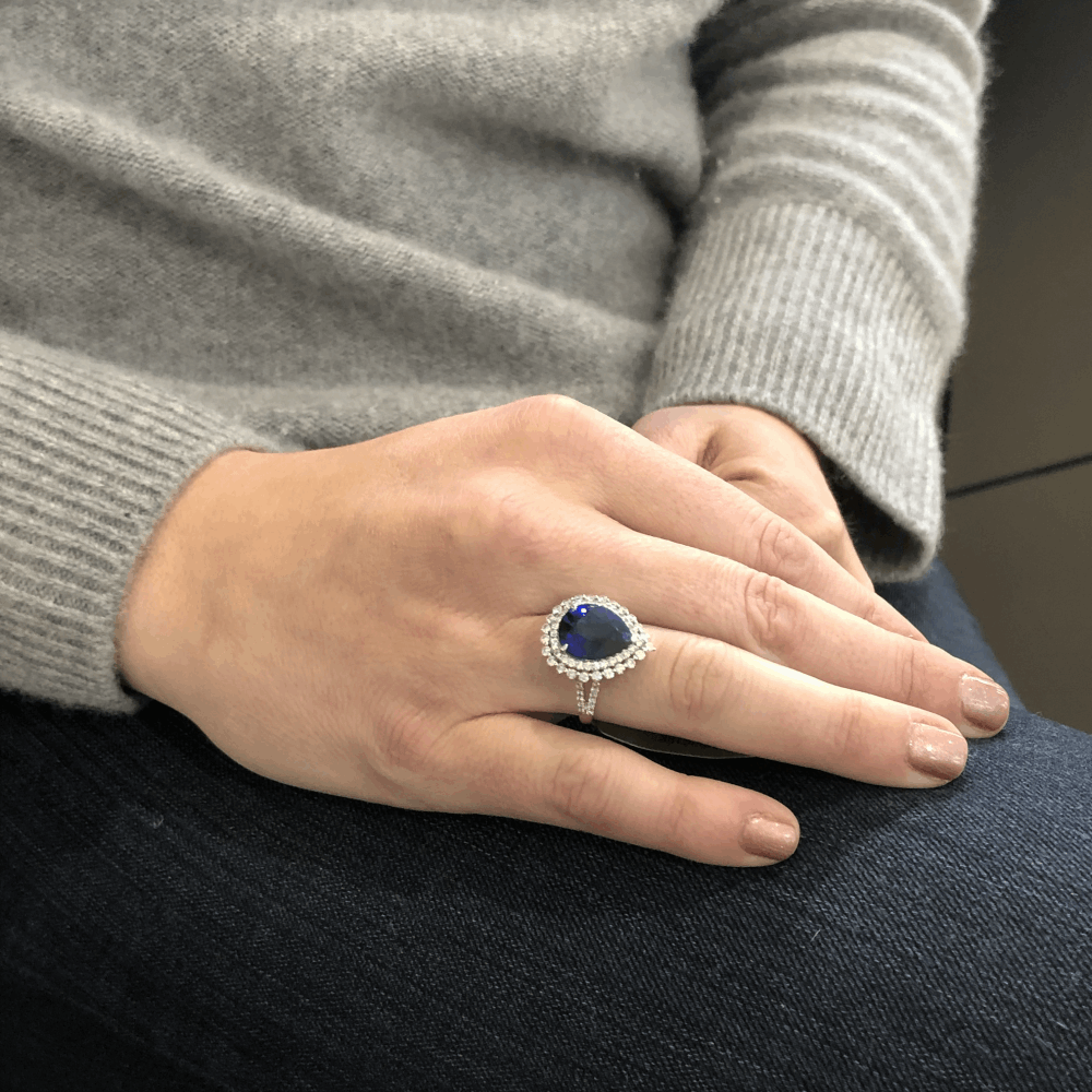 Image 2 for 14k Halo Brilliant Cut Diamonds Around Diffused Pear Shaped Sapphire Ring