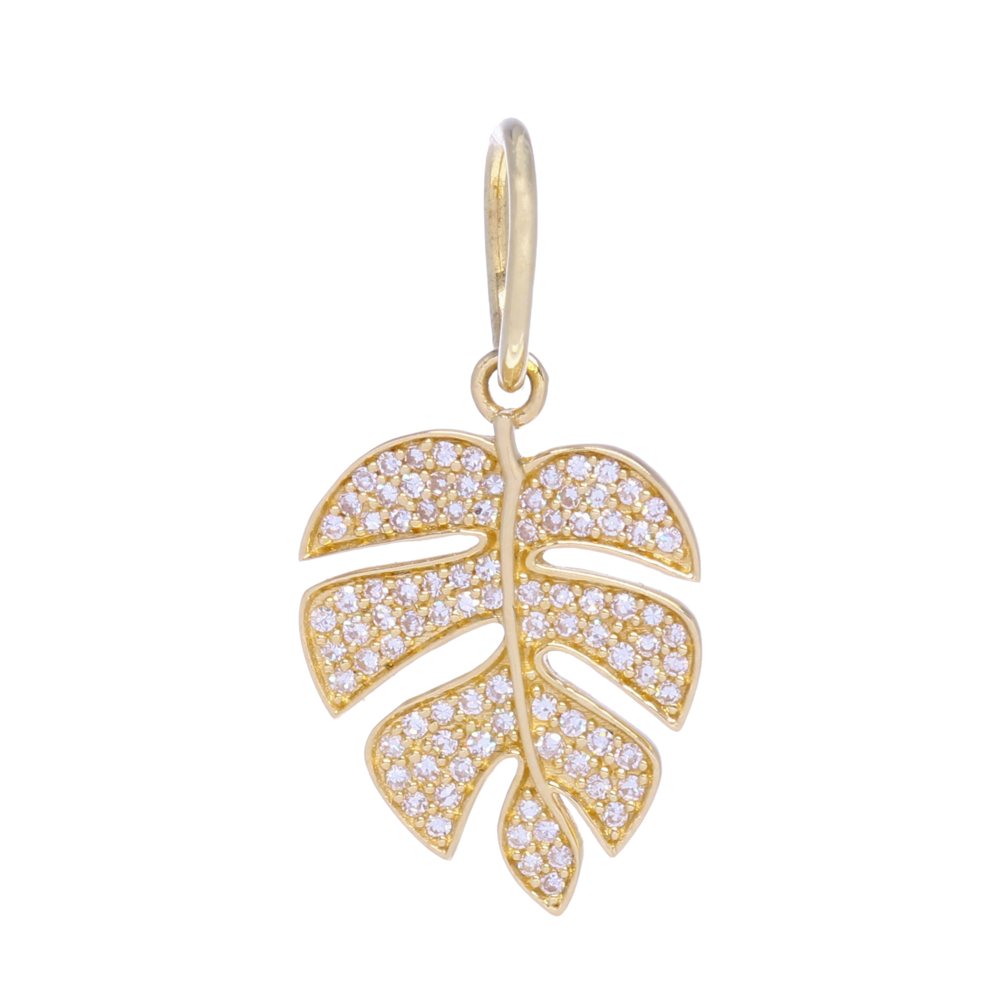 This delicate pave diamond charm pendant with .20 carats of diamonds and 1.2 grams of 14k gold, add a lovely bit of sparkle to any necklace. Worn alone or as an addition to a charm set, this pendant is sure to stand out and through. Yellow Gold Diamond Palm Leaf Charm Pendant