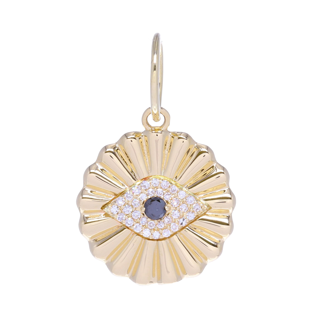 Yellow Gold All Seeing Eye Pendant with Diamonds with .13 carats of diamonds and 1.5 grams of 14k gold, this is a petite charm pendant but would look very feminine on it's own as well.
Yellow Gold All Seeing Eye Pendant with Diamonds