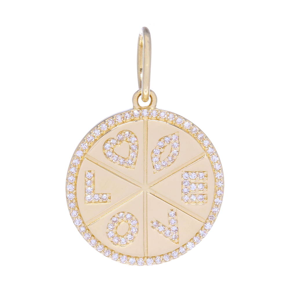 Written out in a zodiac style - Love conquers all in this pendant which can either be a charm on it's own or worn in a layered look. With pave diamonds totaling 0.25 carats and 2.10g 14k gold, this is a treasure to have on any necklace. Yellow Gold and Diamond Love Medallion Pendant