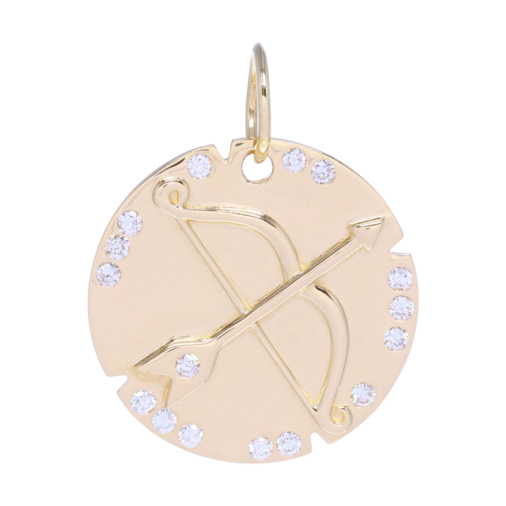 This Large 14k gold and Bow and Arrow medallion charm is perfect for being a base layer in layering or being on it's own. It contains 5.36 g of 14k gold and .32 carats of diamonds. The irregular pattern of diamonds and small notches cut out from the side give this piece a truly unique look. This charm can fit on a chain up to 7mm in gauge but is often worn with one of the open-able ring chains. This depiction has meaning in astrology or for some a symbol of going after a goal. Gold Bow and Arrow Pendant with Diamons