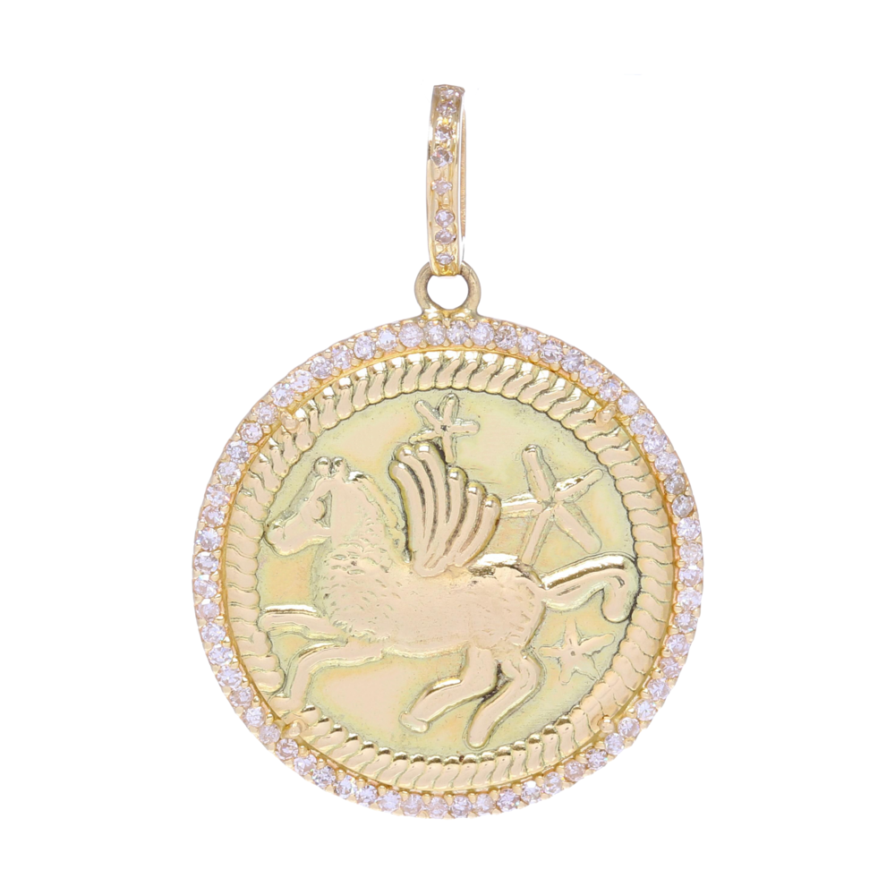 This Large 14k gold pave diamond Pegasus medallion charm is perfect for being a base charm in layering or being on it's own. It contains 3.1 g of 14k gold and .3 carats of diamonds. This charm can fit on a chain up to 5mm in gauge but is often worn with one of the open-able ring chains. The Pegasus has typically symbolized power, freedom, innate talent, abilities or gifts. Gold Pegasus & Stars Medallion Pendant with Diamonds