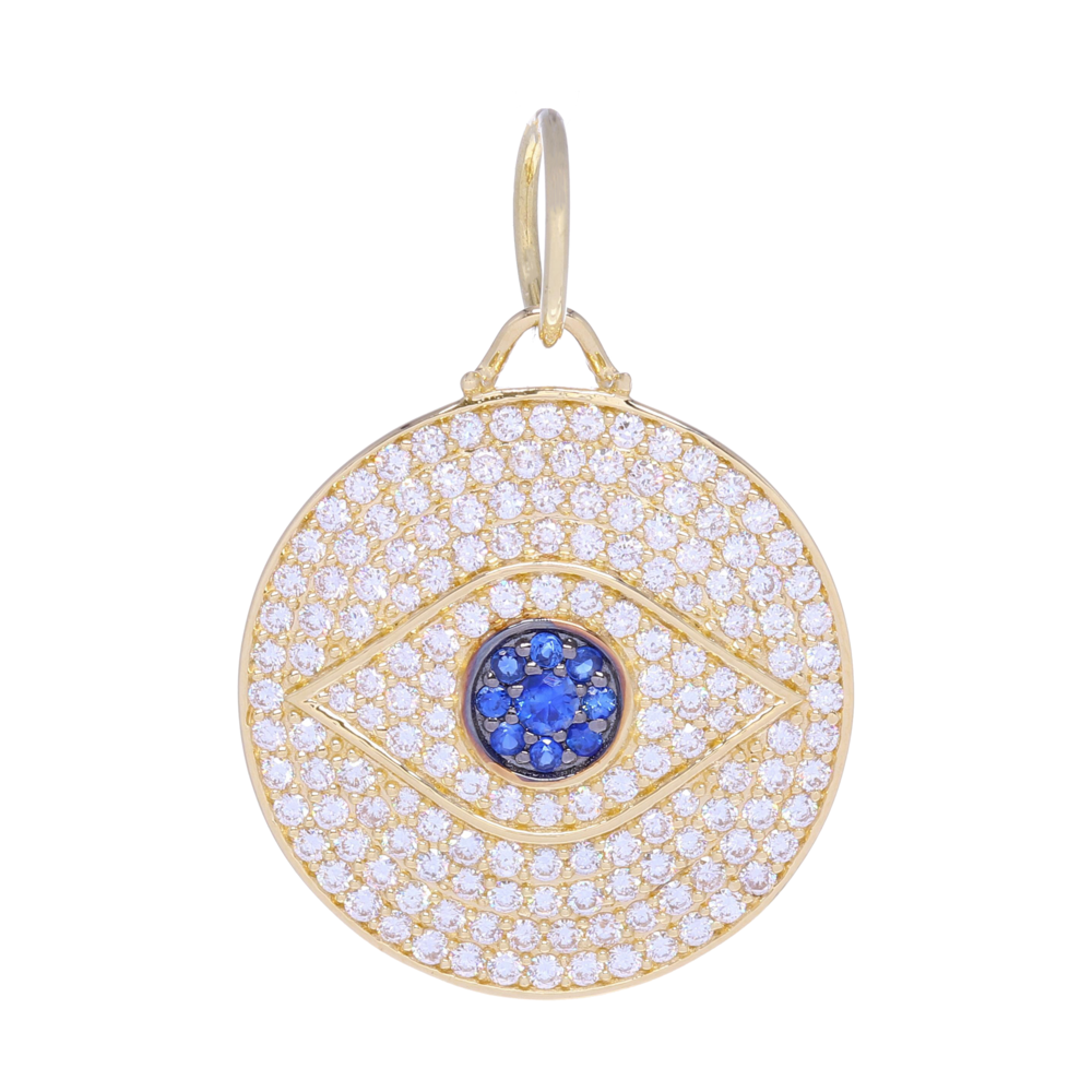 This Large 14k gold pave diamond Evil Eye medallion charm is perfect for being a base charm in layering or being on it's own. It contains 3 g of 14k gold and 1.1 carats of diamonds. The amount of diamonds makes this quite a statement piece and is can be seen across a room. This charm can fit on a chain up to 7mm in gauge but is often worn with one of the open-able ring chains. This depiction has meaning in various cultures but most are focused around keeping evil away.
Large 14k Gold and Pave Diamonds All Seeing Eye Pendant