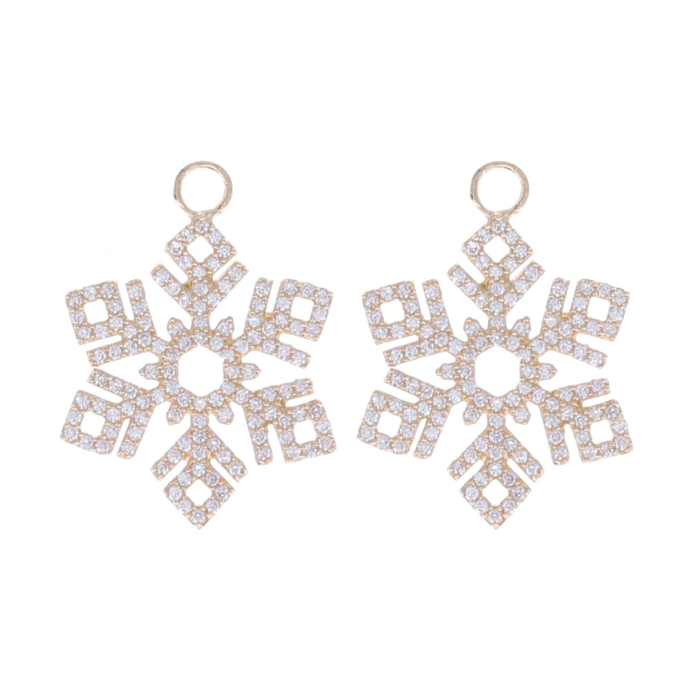 These are 14k yellow gold and pave set diamond snowflake earring charms are the perfect touch for winter. These charms pair perfectly with our hoop huggies but also have the versatility to be worn as a pendant. These charms are a fabulous may to bring winter anywhere you go. 14k Yellow Gold and Diamond Snowflake Earring Charm