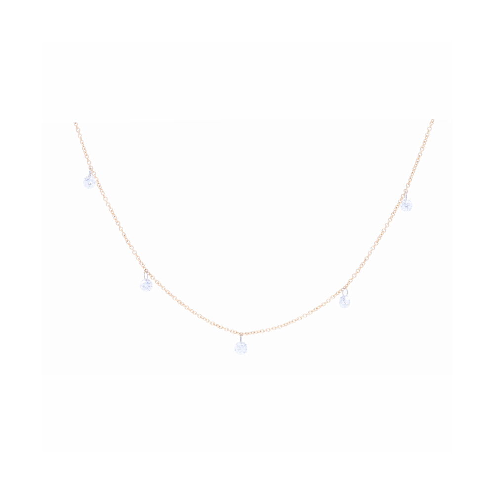 This 14k yellow gold necklace has five dangling diamonds, totaling .5 carats. This unique and beautiful necklace can be worn on its own or layered with other pieces. Whether you are wearing this necklace everyday or for a night out on the town, this necklace is the perfect addition to your jewelry collection. 14k Yellow Gold Dangling Diamond Bead Necklace