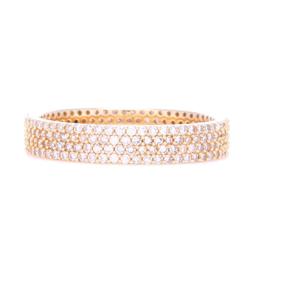 This breathtakingly sparkly pave diamond stack ring has 4 rows of diamonds for a total diamond carat weight of .84 and 2.5 grams of 14k gold. Wear alone or add major bling to any stack set. 14k Yellow Gold 4 Row Pave Diamond Stack Ring