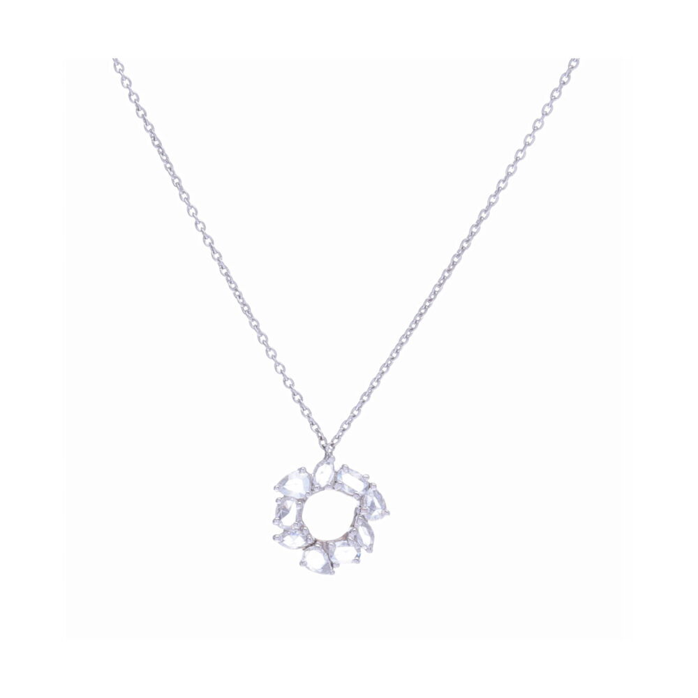 This 18k white gold mixed shape rose cut diamond necklace is the perfect addition to your jewelry collection. Containing .3 carats of diamonds, this white gold chain necklace will make a statement whether worn everyday or on a night on the town. 18k White Gold Mix Shape Rose Cut Diamond Chain