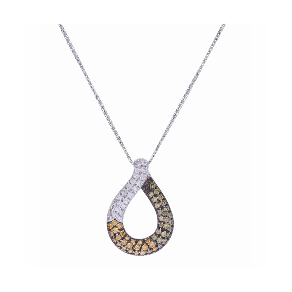 Beautiful pendant with 1.37 carats of ombre brilliant cut diamonds set 18k white gold. Shown here with an 18k White Gold Chain, sold separately. Loop Pendant with Ombre Diamonds in White, Yellow, Green, and Brown set in 18k