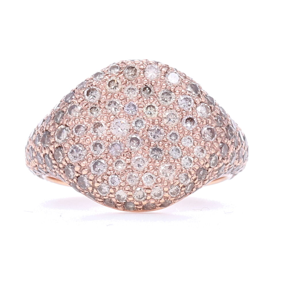 We love this rose gold champagne diamond pinky ring because first and foremost, it feels like it will stay on! Nothing like a pinky ring that constantly works it way down your finger no matter it being the right size, this one stays put! With pave diamonds all around the back, this ring not only feels amazing but looks it too. With almost 2 carats of diamonds this ring is bling. We seek jewelry that looks amazing with jeans and a t-shirt for that luxe casual look. Try this on in store today or make it yours and we'll ship it out same day on orders before 2pm MST. Pave Champagne Diamond Pinky Ring in 18k Rose Gold