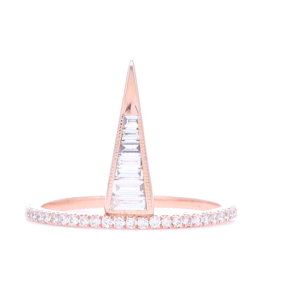 Step cut diamond stack ring set in 18k rose gold: 0.38 carats of diamonds. 18k Rose Gold Step Cut Diamond Ring with Pave Shank