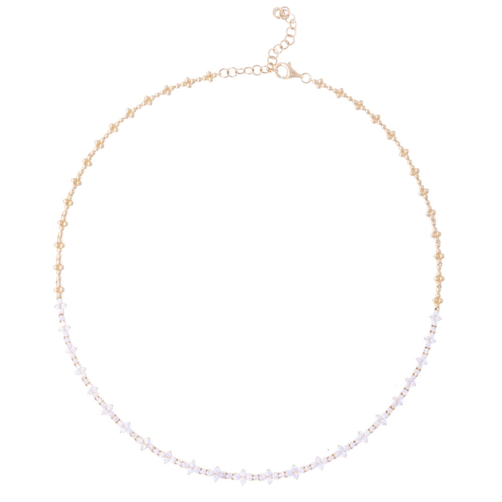 Where by itself or create your own unique look by layering multiple chains together. This 14k yellow gold chain is perfect for casual everyday wear or any formal occasion. <div><br></div><div><ul><li>Handcrafted of 14k Yellow Gold</li><li>2.78tcw of Diamond</li><li>Wear from 14"-16"</li></ul></div> 14k Diamond 4 Diamond Cluster Choker