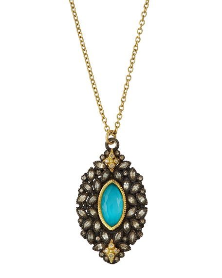 This necklace from The Old World Collection by Armenta features a blackened sterling silver with 18k yellow gold accents. Displaying a natural quartz and white quartz doublet center, this pendant will not disappoint. Champagne diamonds and white sapphires cover the rest of this charm, for just the right look. Turquoise Doublet Necklace