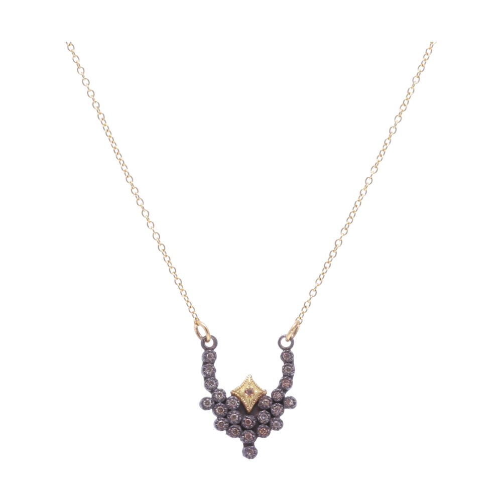 The Old World collection 18k yellow gold and blackened sterling silver necklace by Armenta, has a pave curved bar attached to the chain: displaying champagne diamonds. Curved Bar Necklace