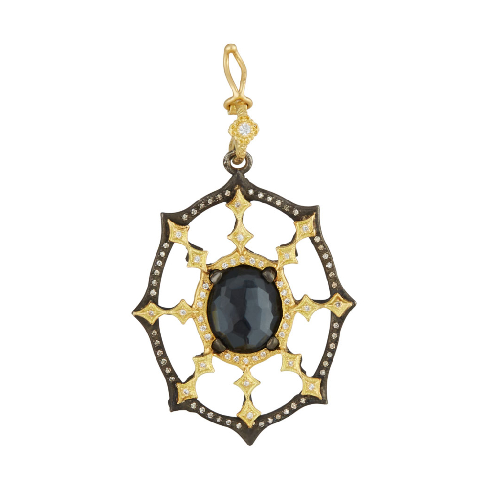 This Sunburst pendant from the Old World Collection by Armenta features a blackened sterling silver, with an 18k yellow gold starburst accented by white and champagne diamonds, with a large center set hematite/ white quartz doublet stone. Sunburst Pendant