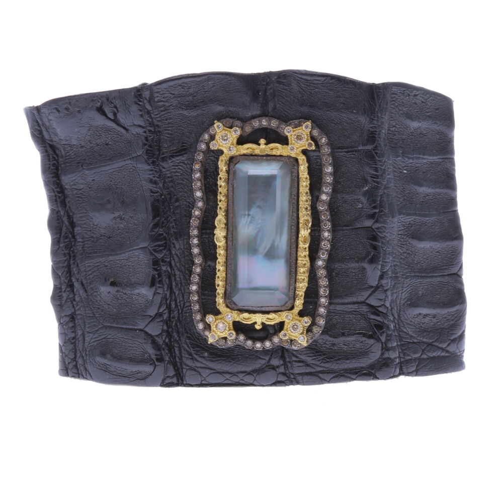 Gorgeous Armenta handmade caiman crocodile triplet center stone (White mother of pearl, grey foil, and white quartz) with 18k yellow gold, diamond and sterling. Caiman Crocodile Cuff - 12702