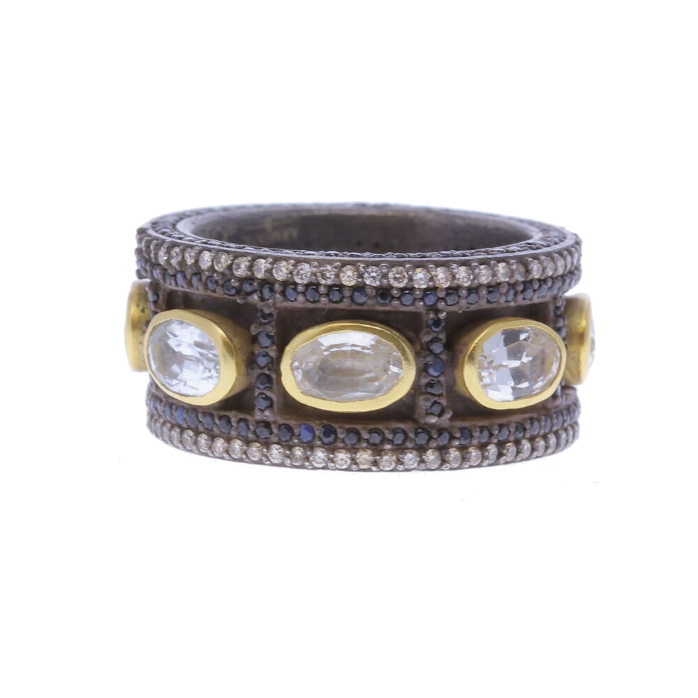 Collection : Old World ; Wide band ring with 6X4 oval white sapphires, black sapphires and champagne diamonds. Wide Band Ring - 12445