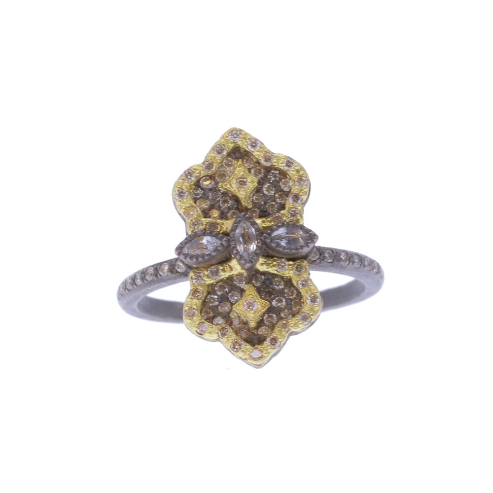 Double padlock ring, set in 18k yellow gold and blackened sterling silver; with white sapphires and champagne diamonds. 9mm Pave Double Padlock Ring - 14164