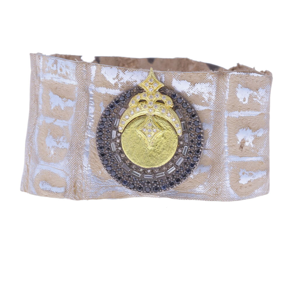 Gorgeous Armenta caiman crocodile cuff handmade in TX. Constructed of 18k yellow gold, diamond, and sterling. Caiman Crocodile Cuff - 15788
