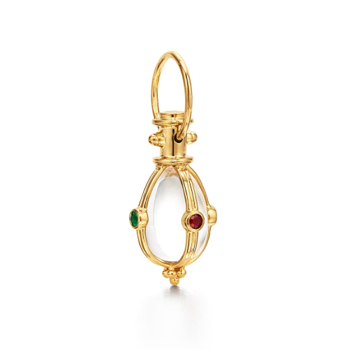 18K gold
Natural rock crystal
Ruby (0.20cts)
Emerald (0.07cts)
Blue sapphire (0.08cts)
Length: 39mm/1.5"; Width: 13mm/0.5"
Imported 18K Classic Faceted Amulet
