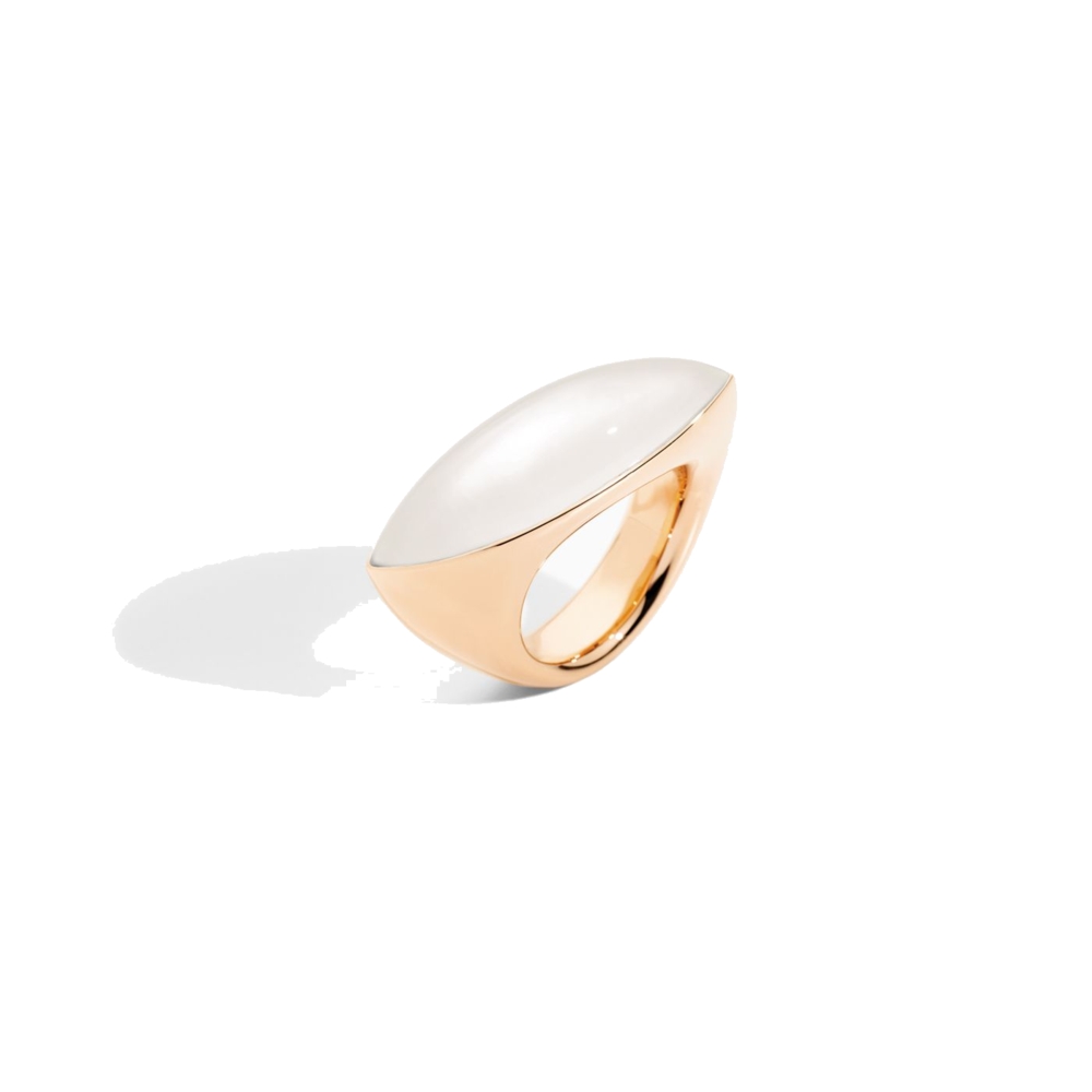 Inspired by the elegant shape of a spindle, this rose gold Fuseau ring pairs the magnificent color of white mother-of-pearl with rock crystal, creating one of Vhernier's famous Trasparenze. This classic, yet unique ring is perfect for anyone looking to stand out and make a statement. Whether worn during the day or at night, this elegant ring is bound to turn heads. 18k Rose Gold and Mother of Pearl Feseau Ring