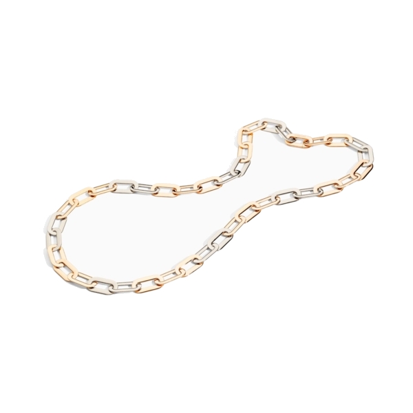 Chain in 18K white gold not rhodium plated and rose gold (cm.95).
Product SKU: P00915CL100
Vhernier's Pirouette chain alternates links in rose gold and links in white gold. The fastening is completely concealed, a traditional Vhernier touch. 18k Rose and White Gold Pirouette Chain 95cm