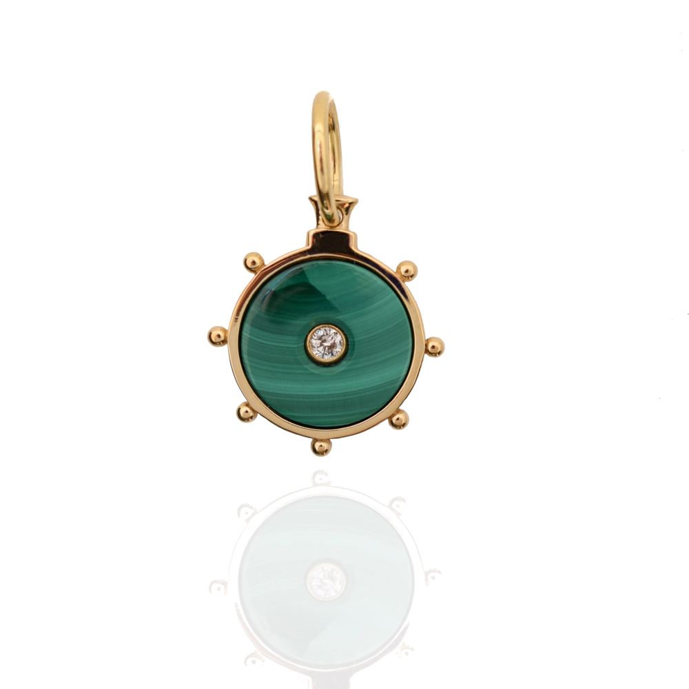 This 18k yellow gold charm displays a malachite with a diamond set center. This design is influenced from the Etruscan Revival (Victorian Era). Florence Pendant Malachite and Diamond 18k