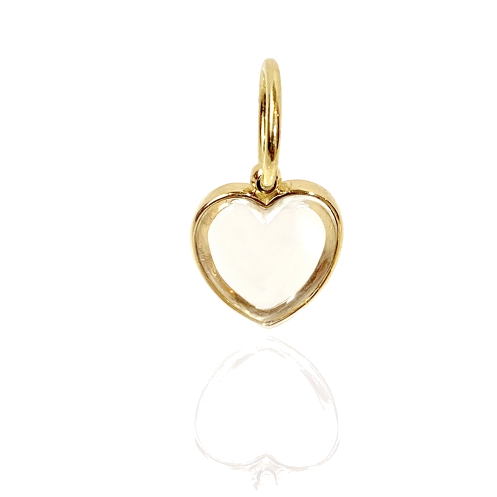 This 18k yellow gold charm features a heart shaped pendant with a rock crystal cabochon. Heart Pendant Open Back Rock Crystal 18k