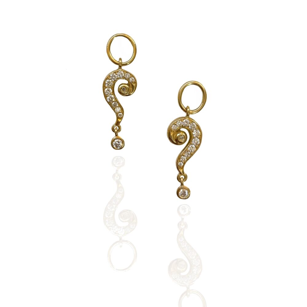 These fun 18k yellow gold question mark earring charms each have 12 small diamonds with a total weight of .16ct/earring.
Petite Question Mark Earring