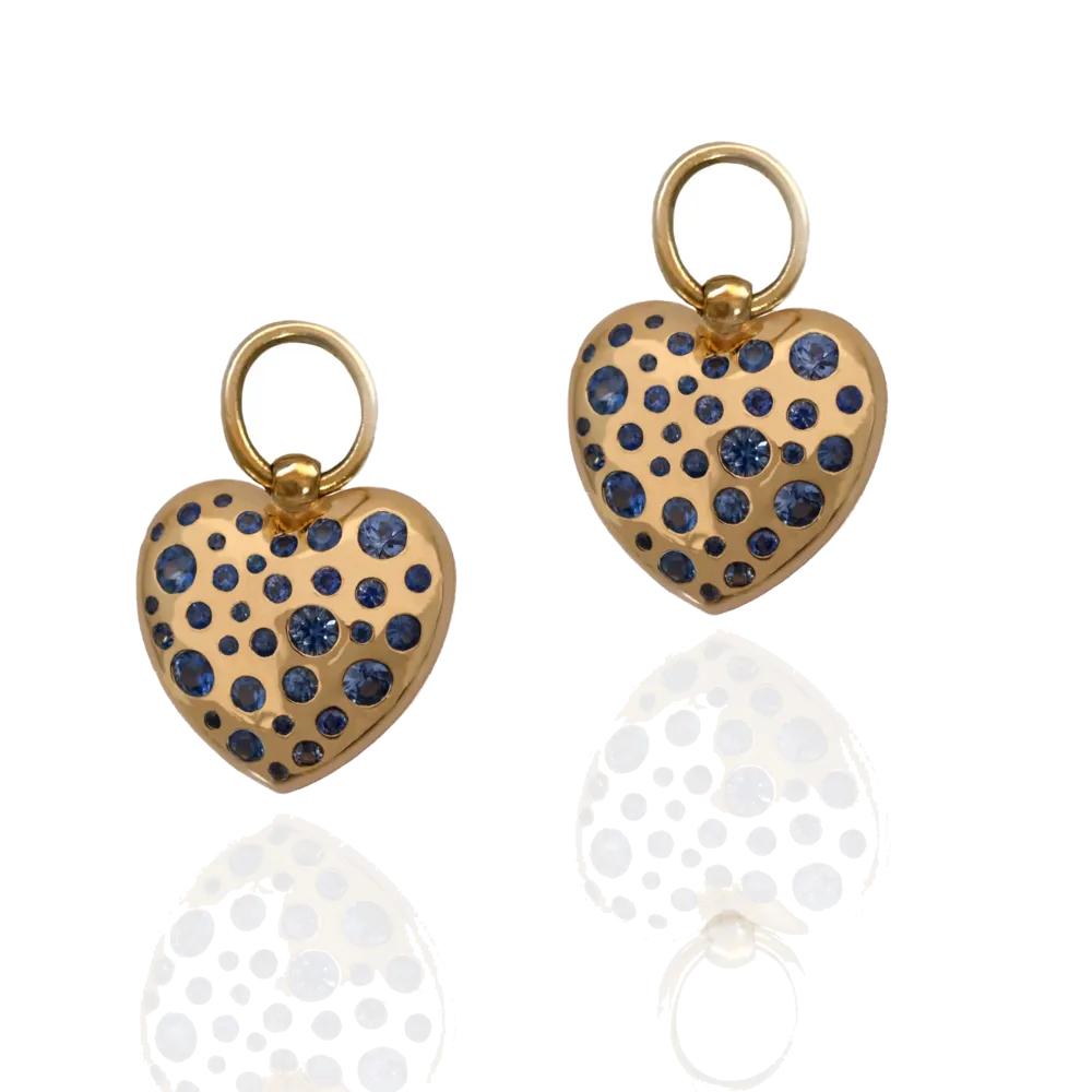 These bulbous heart shaped 18k yellow gold earring charms feature set blue sapphires. Love Heart Earring Charms