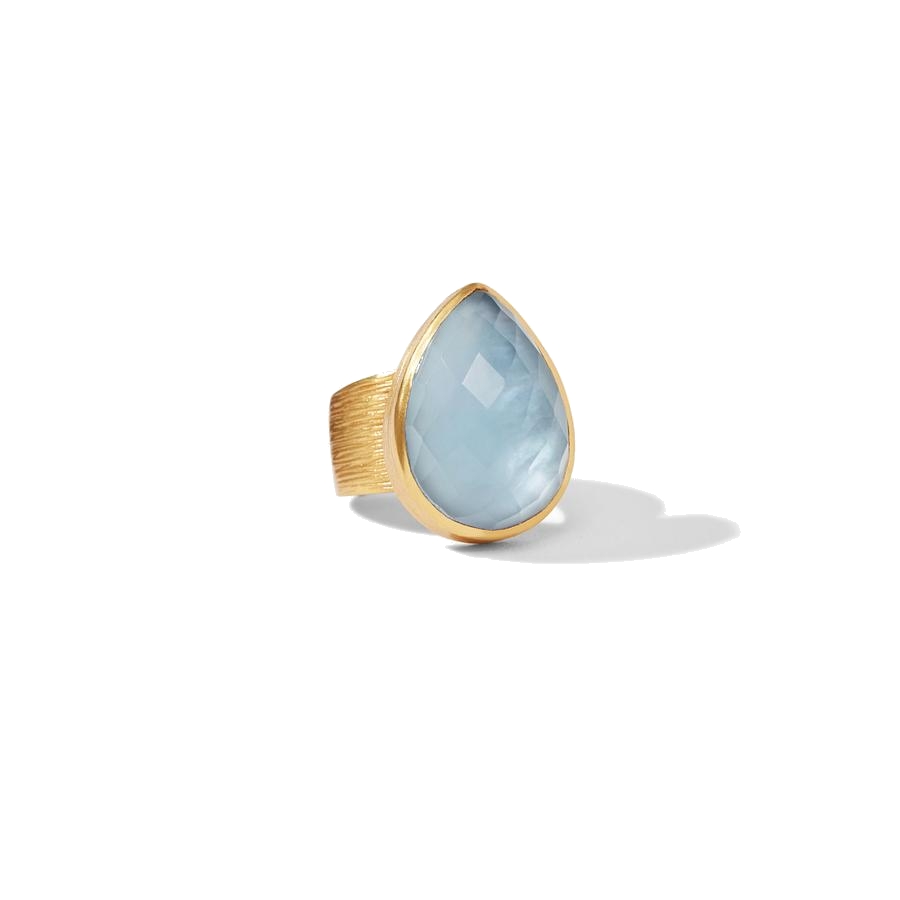 Radiant pear cut gemstone of richly hued imported glass surrounded by a textured finish inspired by the bark of an Aspen tree. Aspen Statement Ring