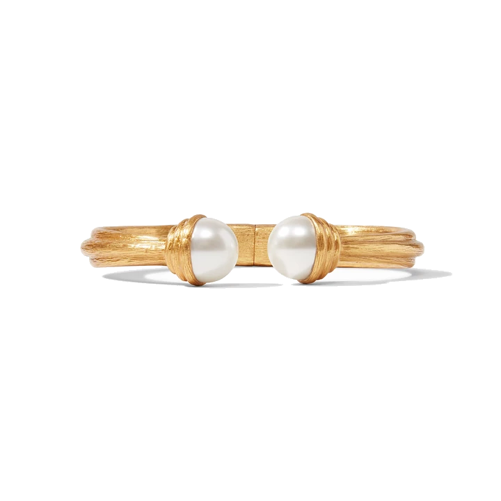 Elegantly scored 24k gold plate cuff with 12mm pearl end caps. Barcelona Hinge Cuff