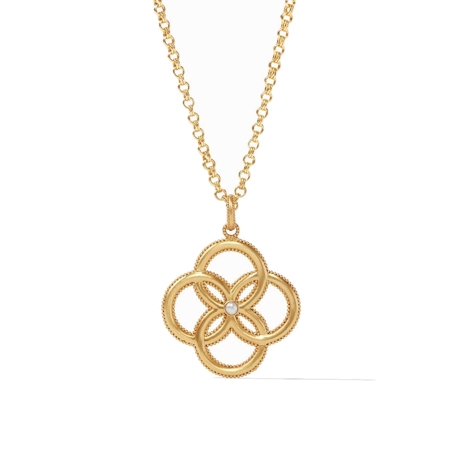Interlocking 24k gold plate petals, with freshwater pearl accent. Chloe Pendant Gold Pearl