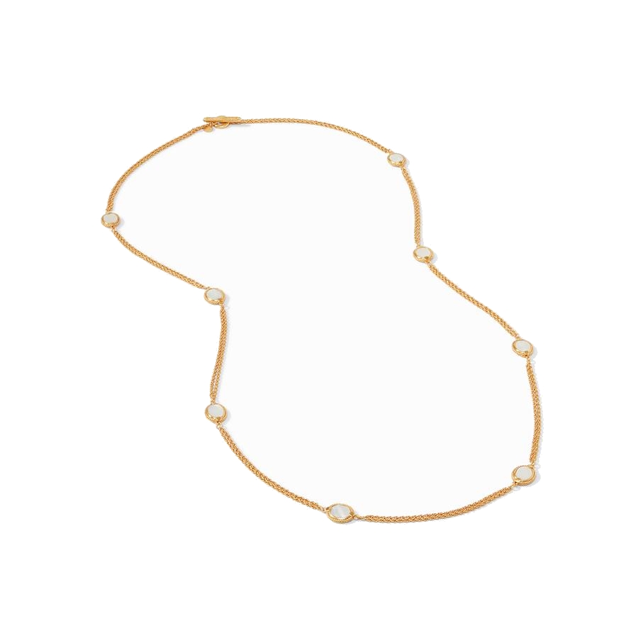 Faceted oval pacific blue gemstones in an elegant chevron surround on a decorative double chain. Calypso Station Necklace