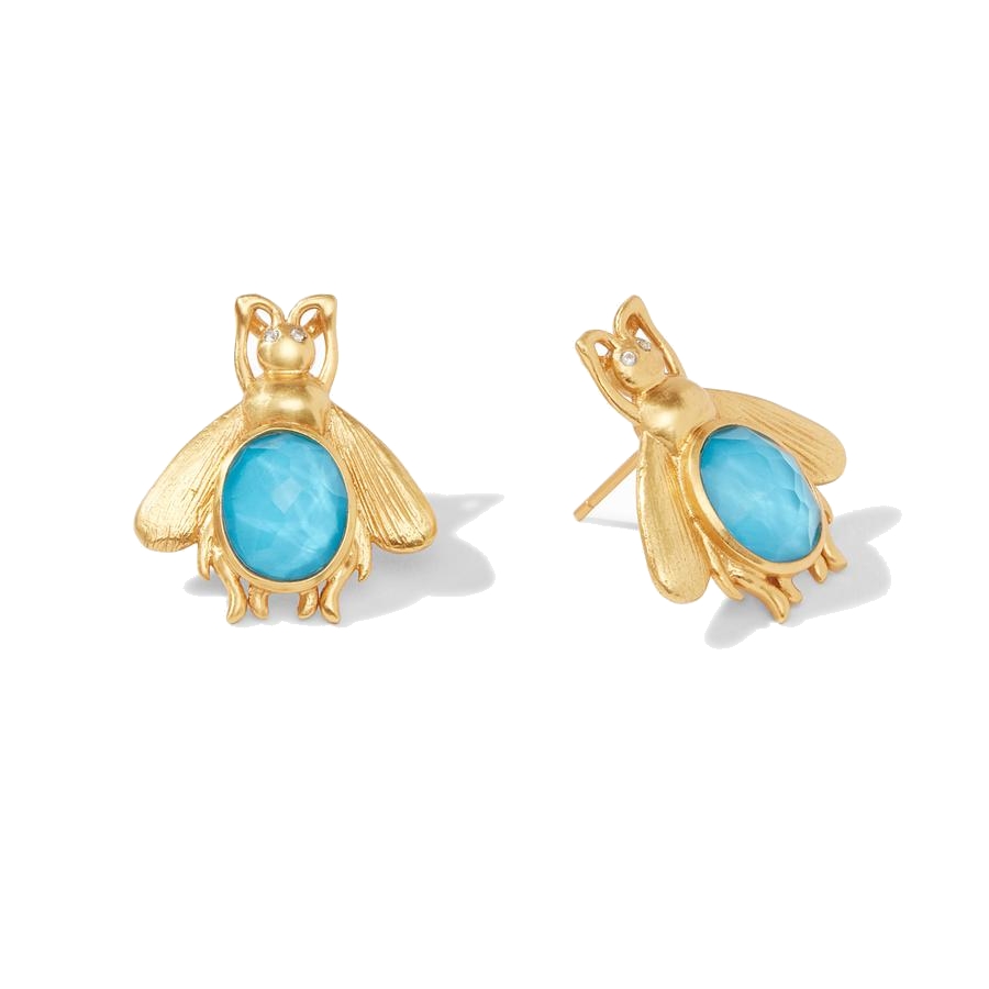 A whimsical golden bee with a faceted gemstone of imported glass on its back. Made of 24k gold plate with CZ stones in the bees eyes. Bee Stone Earring