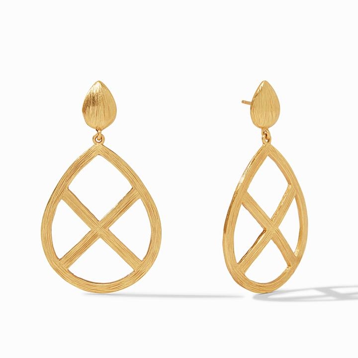 A light and swingy statement with a golden textured finish inspired by the bark of an Aspen tree. 24k gold plated earrings have an X in the raindrop studs. Aspen Statement Earring