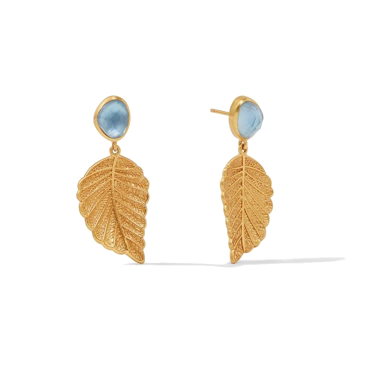 Carved leaf topped with a rose cut gemstone of richly hued imported glass. Aspen Leaf Earring