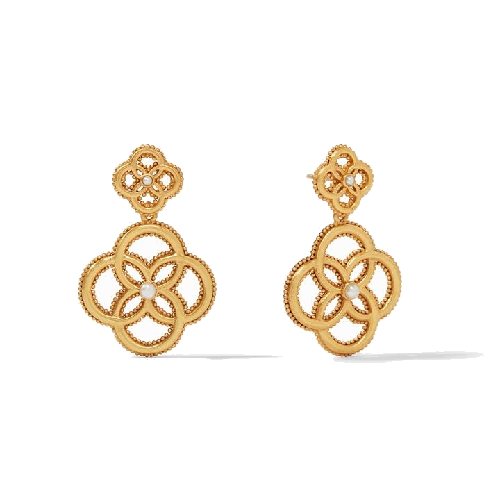 Interlocking quatrefoil design with raised bead detail and freshwater pearl accents. Chloe Fleur Earring