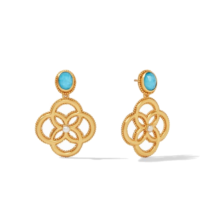 Interlocking classic quatrefoil design with a raised bead edge and freshwater pearl center, topped by a radiant oval gemstone of rose cut glass. Chloe Demi Earring