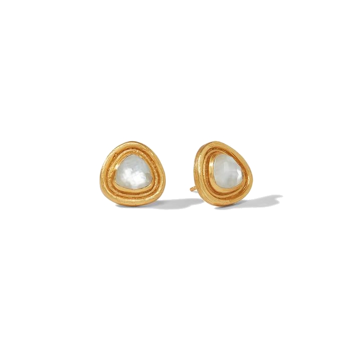 Radiant rose cut gemstone of imported glass set in an elegantly scored 24k gold plate. Barcelona Stud