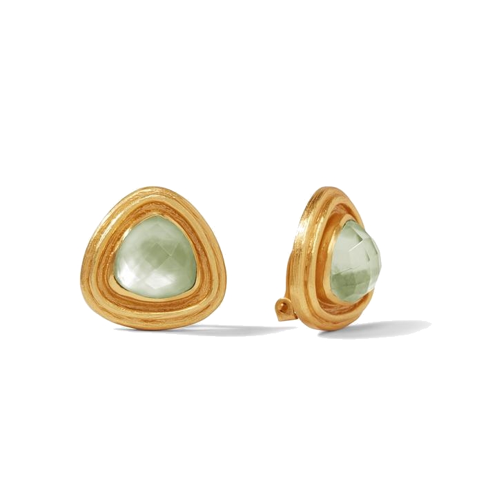 24k gold plate with large center gemstone. Surrounded by a raised boarder of gold. Barcelona Clip-On Earrings