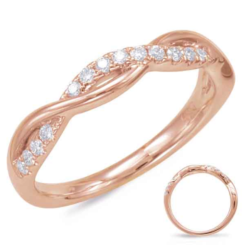 This band is available in 14K Rose Gold. There are a total of 18 stones. There are round diamonds with a total carat weight of 0.16ct set in a Micro Prong setting 14k Rose Gold Stack Band