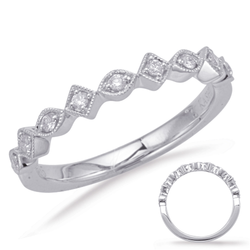 This band is available in 14K White Gold. There are a total of 9 stones. There are round diamonds with a total carat weight of 0.11ct set in a Micro Prong setting 14k White Gold Stack Ring