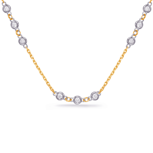 This necklace is available in 14K Yellow and White Gold. There are a total of 30 stones. There are round diamonds with a total carat weight of 1.35ct 14k Yellow Gold Diamond Station Necklace