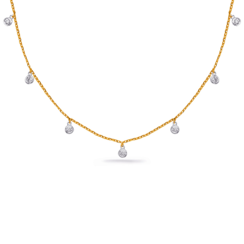 This necklace is available in 14K Yellow and White Gold. There are a total of 7 stones. There are round diamonds with a total carat weight of 0.21ct 14k Yellow Gold Dangling Diamond Necklace