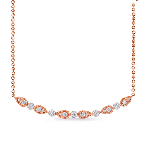 This necklace is available in 14K Rose Gold. There are a total of 17 stones. There are round diamonds with a total carat weight of 0.33ct set in a Micro Prong / Prong Set setting 14k Rose Gold Necklace