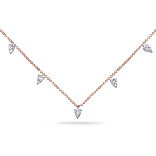 This necklace is available in 14K Rose and White Gold. There are a total of 10 stones. There are round diamonds with a total carat weight of 0.44ct set in a Micro Prong setting 14k Rose Gold Dangling Diamond Necklace