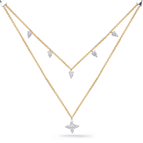 This necklace is available in 14K Yellow and White Gold. There are a total of 19 stones. There are round diamonds with a total carat weight of 0.51ct set in a Micro Pave setting 14k Yellow Gold Double Layer Star Necklace