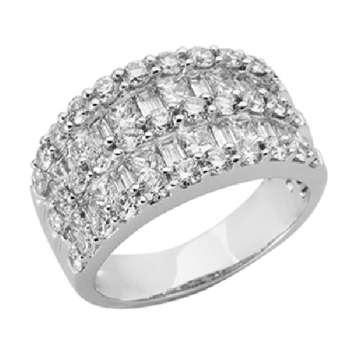 This 14k white gold diamond ring has a total of 59 stones, of type baguette, princess and round diamonds for a total carat weight of 2.88. Comfortable and 14k White Gold and Diamond Ring